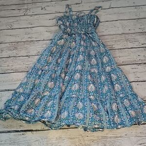 Chelsea & Theodore Blue Green Print Tiered Cotton Midi Dress S